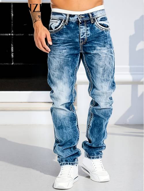 elementbilde herre vaskede falmede jeans, amerikansk gate vintage stil, -stretch benpassform, klassisk fem-lommers denim konstruksjon, helårsbruk, allsidige bukser for pendling