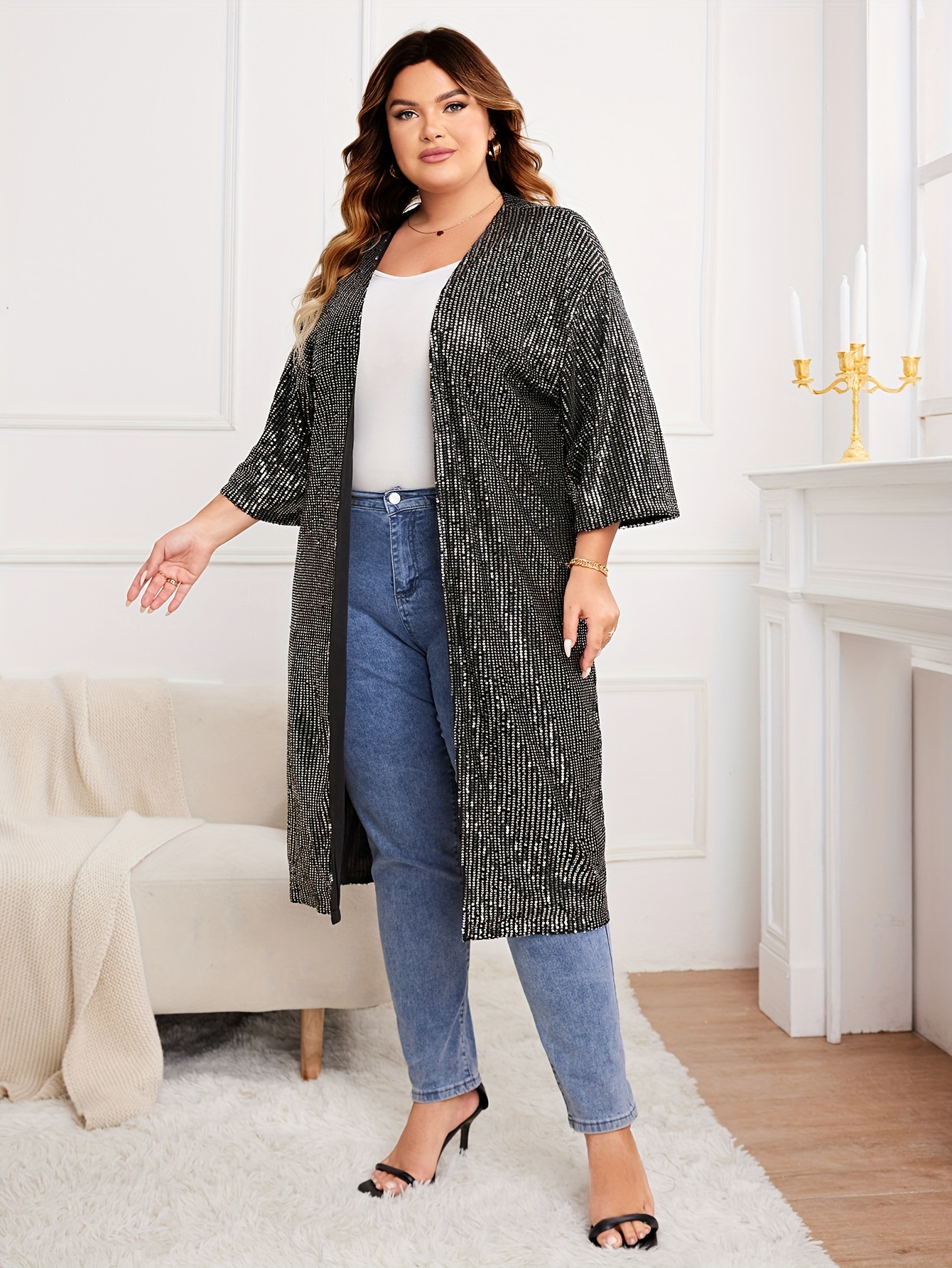 Women'S Plus Size Sequin Cardigan, Casual V-Neck Polyester Knit Fabric,  Long Length Three Quarter Sleeve Solid Color Oversized Top with Stretch