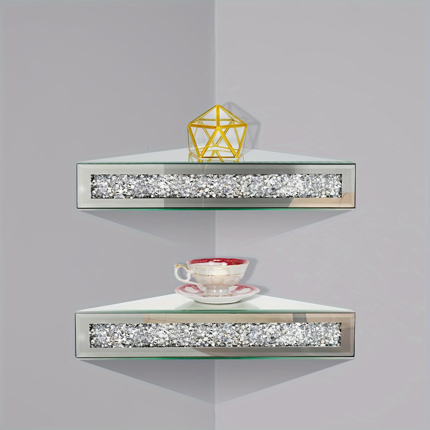 2pcs sparkling silvery   corner shelves mirrored glass floating wall decor for   for ornaments storage utility hooks corner shelves