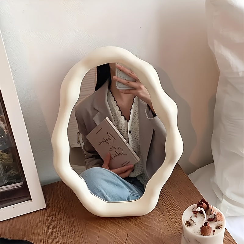 TEMU Chic Irregular Aesthetic Desktop Makeup Mirror - Adjustable, Plastic Frame With Glass Surface For Bathroom, Office & Bedroom Decor, Irregular Aesthetic, Desktop Mirror, Adjustable, Glass Surface