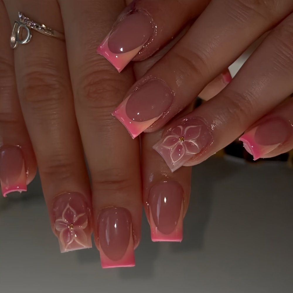 TEMU 24 stuks Medium-Korte Vierkante Press-On Nagels, Nude Sheer Roze met Roze Franse Rand, Versierd met Kersenbloesems en Gouden Kralen, Uitstraling