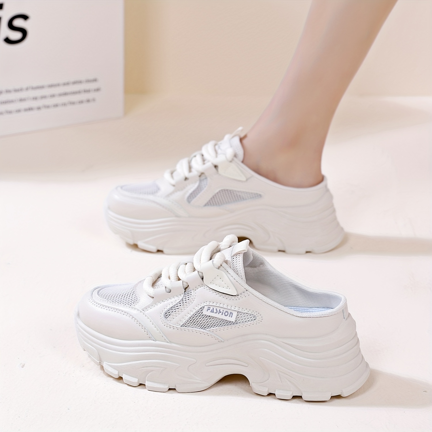 Women's Summer White Mesh Slip-On Sneakers Thick Sole, Low-Top Lace-Up  Casual Shoes with Breathable Design for Comfortable Outdoor Wear - Main Image