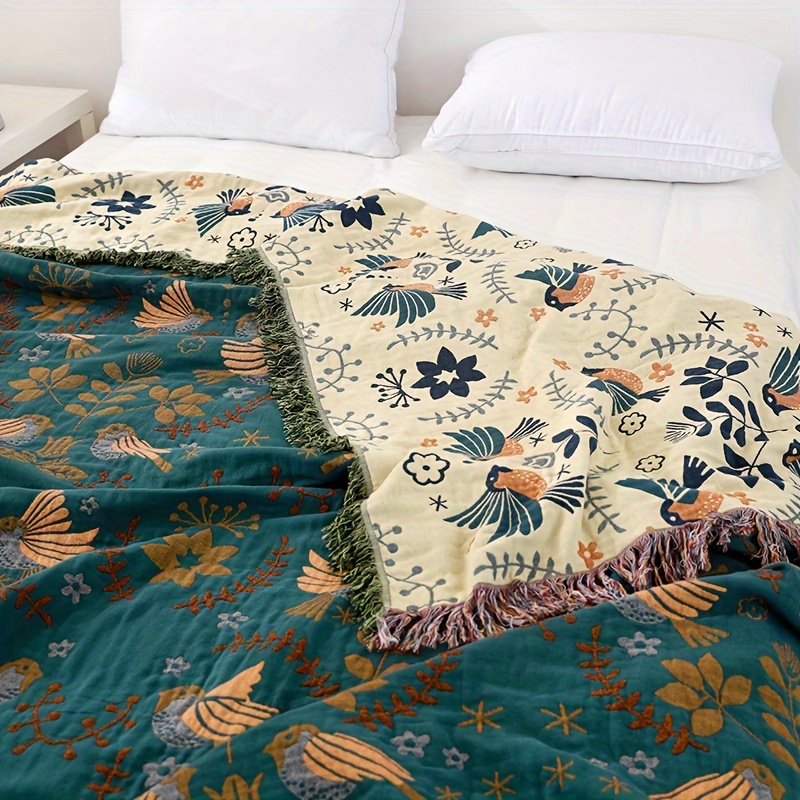 

Ultra-soft 100% Cotton Throw Blanket With Vintage Floral Design - Perfect For Bed, Sofa, And Home Decor - Machine Washable