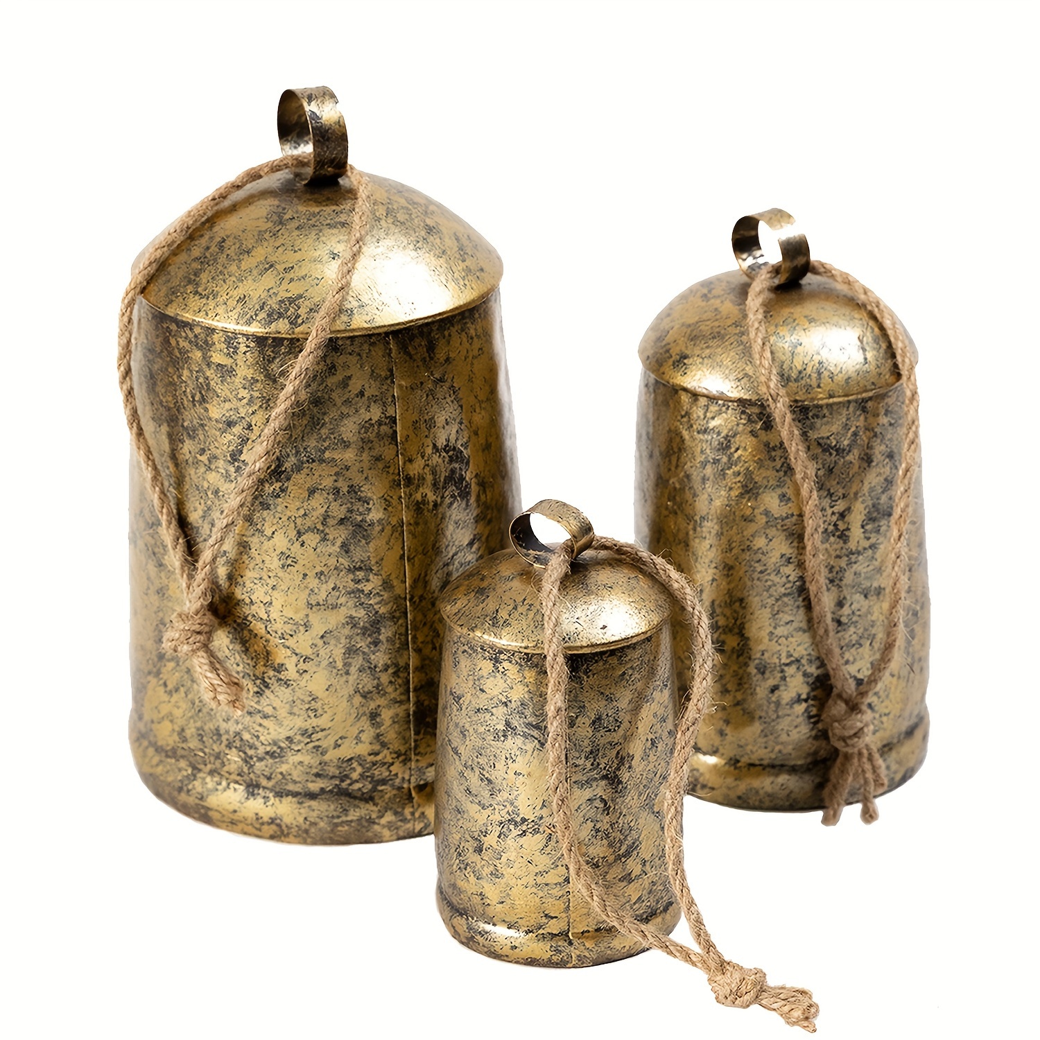 

Metal Set Of 3 9 Inch, 7 Inch, 5 Inch Tall, Vintage Gold Rustic , Harmony Bells For Crafts, Shabby Chic Christmas Decorative Door Hanging Bells, Brass Christmas Ornaments Tied To Jute Rope