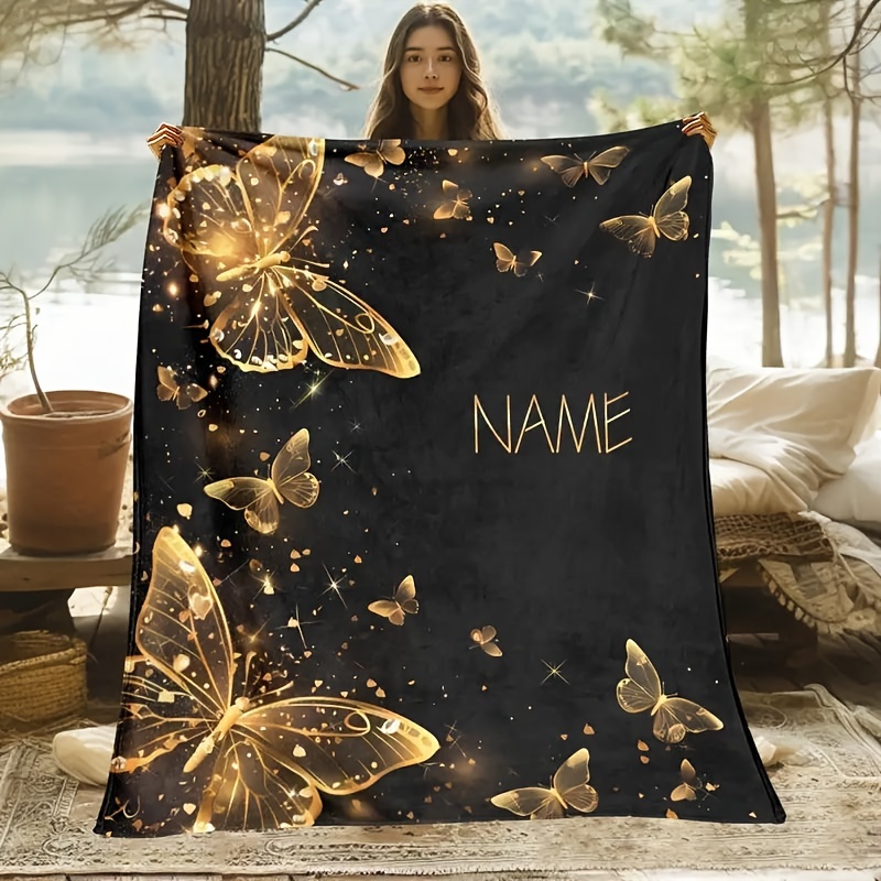 

Custom Text Golden Butterfly Flannel Throw Blanket - Personalized, Soft & Warm For Couch, Bed, Travel, Camping, Living Room, Office - Machine Washable, All-season Comfort