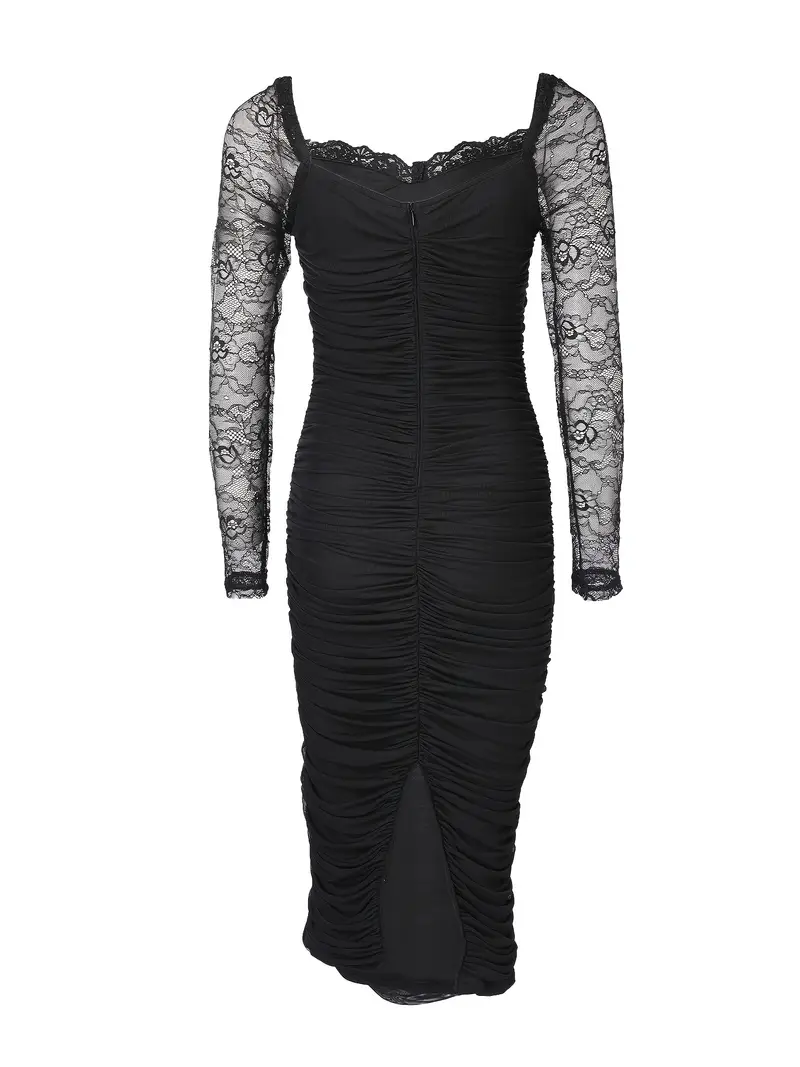 1pc black long sleeve lace bodycon dress side slit knit - Temu United Arab Emirates 1pc black long sleeve lace bodycon dress side slit knit - Temu United Arab Emirates