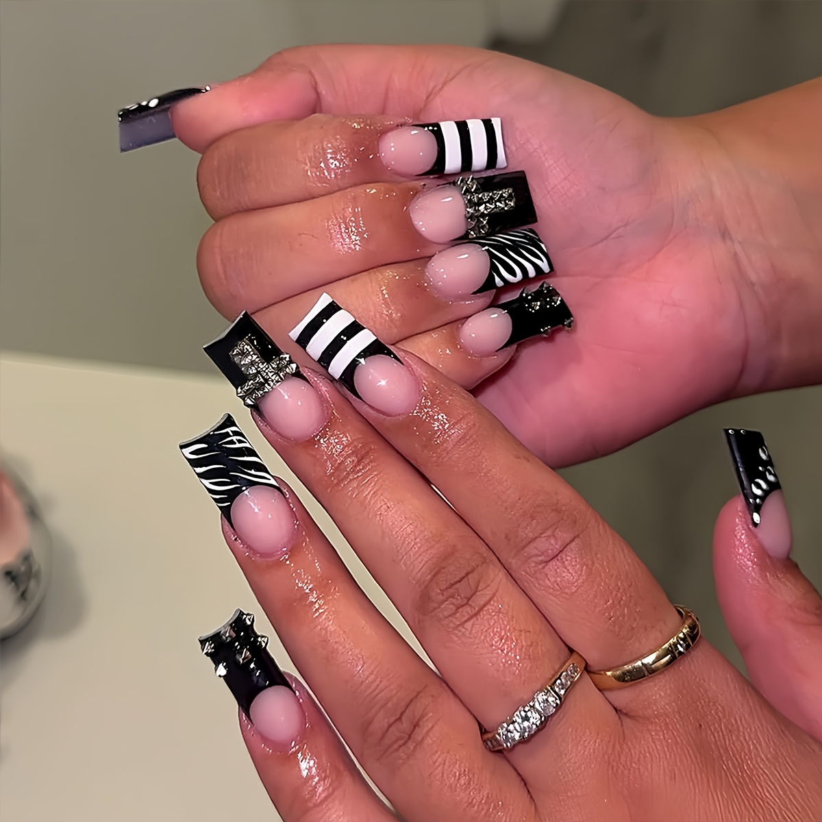 TEMU Cool Gothic Punk Style Mid-length Square Nails Featuring A Black-and-white Zebra Print French Tips Rhinestone Accents And Square Metal Studs,