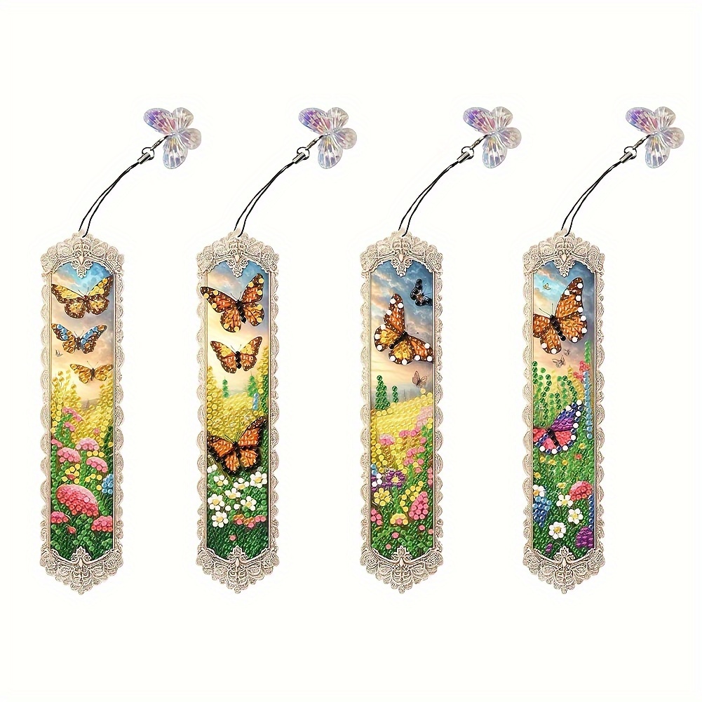 

4 Pack 5d Diy Diamond Painting Bookmark Kits With Butterfly Pendant - Round Acrylic Diamonds, Floral & Butterfly Theme Crafts, Rhinestone Book Markers For Reading & Crafting Enthusiasts