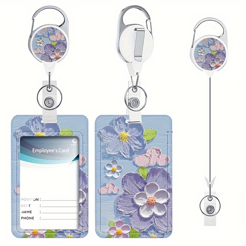

Chic Purple Daisy Retractable Id Badge Holder With Keychain - Quick Release, Perfect For Office & School