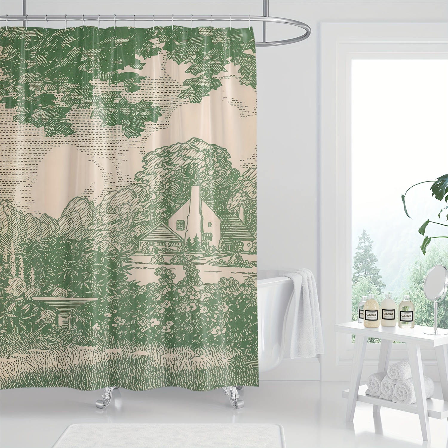 

Vintage Hand-drawn Landscape Print Shower Curtain, Polyester Woven Water-resistant Bathroom Curtain With Hooks, Machine Washable Knit Weave, All-season Artistic Design Shower Curtain