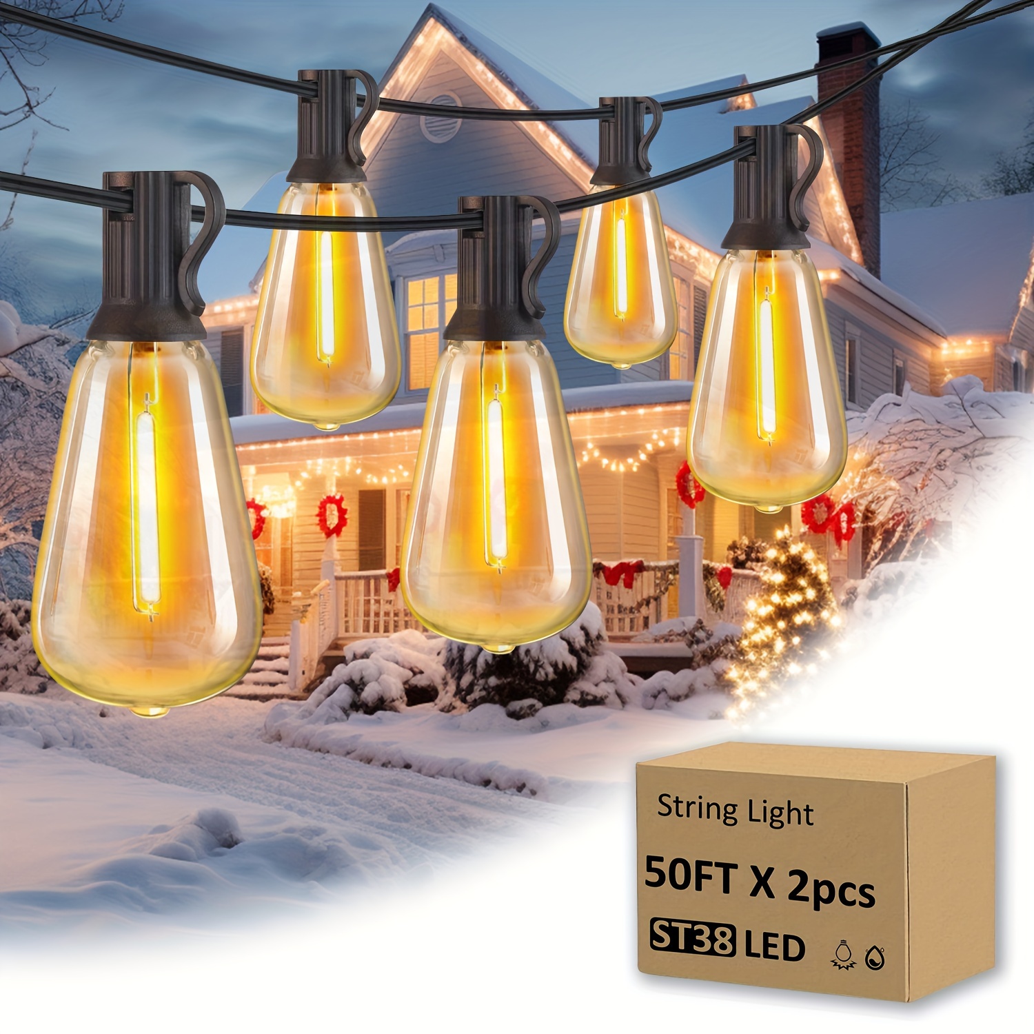 

50ft/100ft/150ft Led Outdoor String St38 Vintage Edison Bulbs, Outside Hanging Lights Waterproof For Porch, Deck, Garden, Backyard, Balcony, Patio, Christmas Lights, 2700k Dimmable