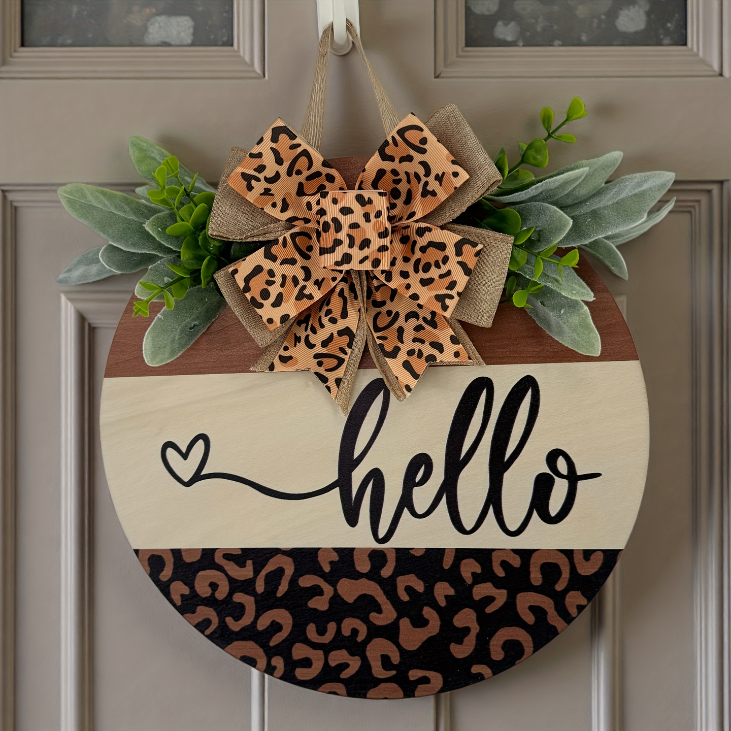 Image of Greetings Leopard Print Door Decoration, Animal Pattern Sign With Beaded Garland For The Entrance, Welcome Sign With Bow, Stylish Hanger, Contemporary Front Door Wreath