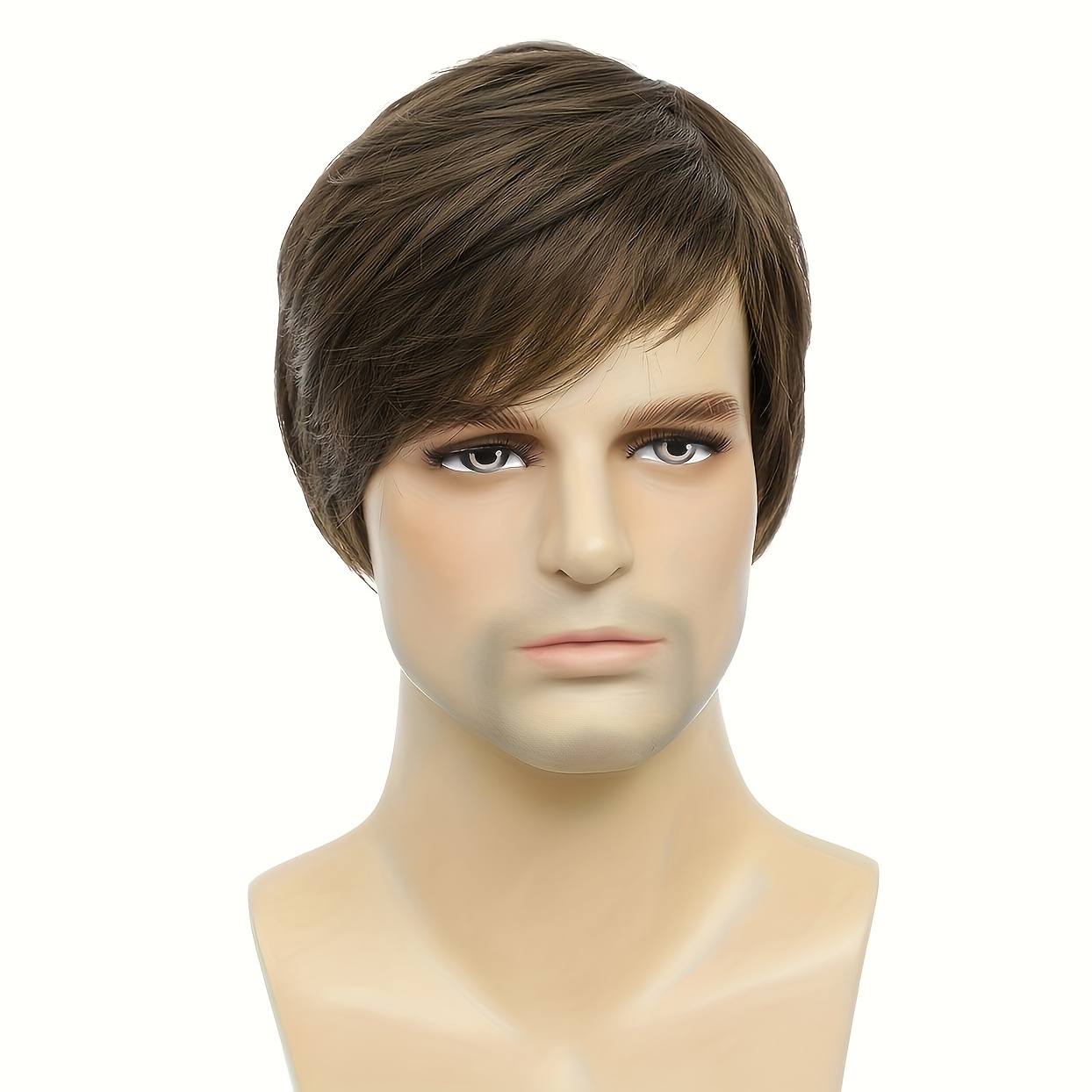 TEMU Men's Short Wig - High-quality Synthetic Fibers For Natural Look, Heat-resistant Straight Hair Cosplay Wig In Rich Brown & Sleek Black - Daily &
