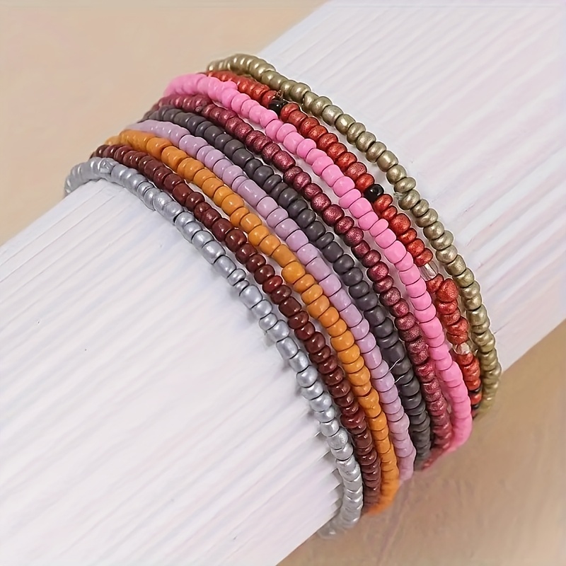 9pcs Multi-Layer Beaded Anklet Set, Bohemian Style