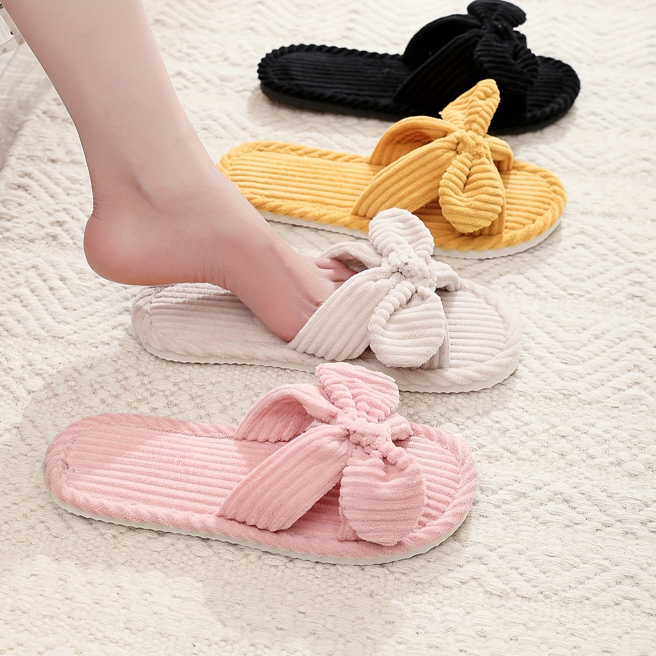 

Women's Bow Fuzzy Flat Slippers, Solid Color Lightweight Open Toe Shoes, Comfy Indoor Floor Winter Warm Slippers