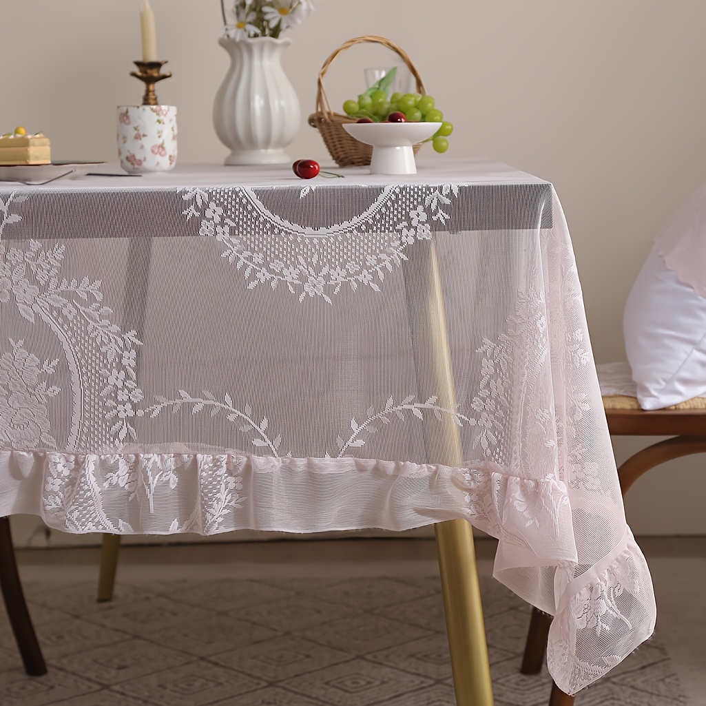 

1pc, Polyester Tablecloth, Pink Table Decoration, Solid Color Lace Table Cover, Simple Rustic Cloth, Suitable For Picnics Or Holiday Parties, Room Decoration