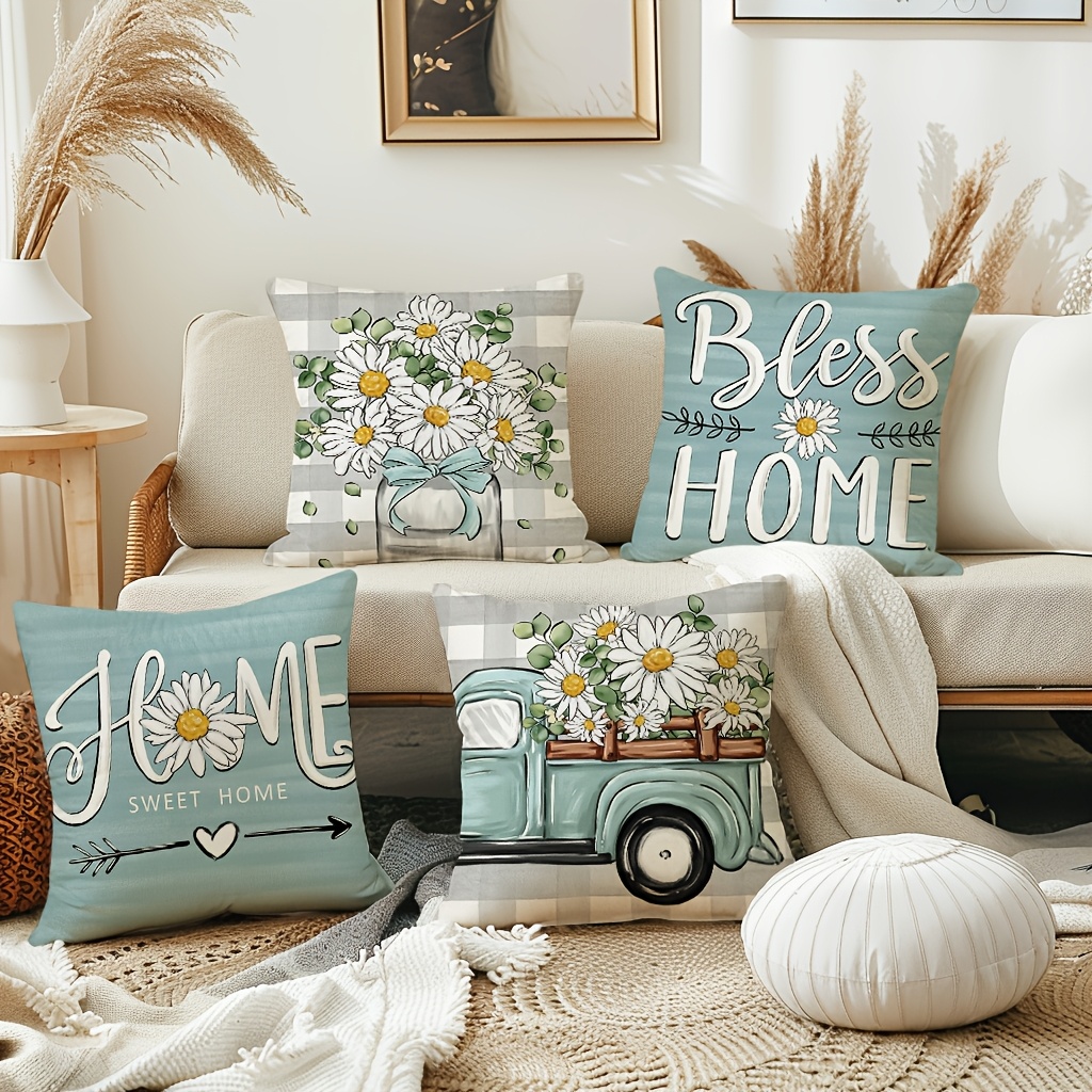 TEMU 4pcs Daisy & Floral Pillow Covers, 18x18in - "" & Mason Jar Truck Designs, Cushion Cases For Sofa, Patio, Living Room Decor - Zippered, Polyester, Hand Wash Only - No Inserts, Decorative Pillows