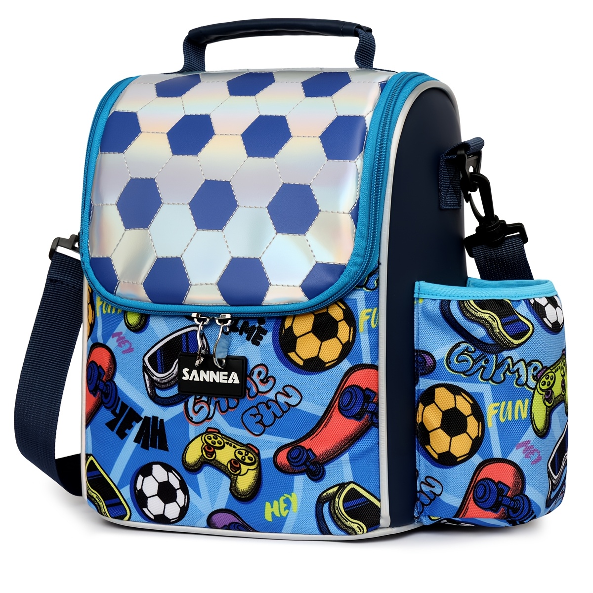 TEMU 7.5l Thermal Lunch Bag With Side Water Bottle Pocket, Vertical Style Lunch Box Bag, Cute Insulated Lunch Bag With Glitter Bow, Side Water Bottle