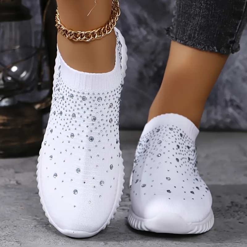 

Women's Rhinestone Decor Sock Sneakers, Breathable Low Top Slip On Sport Shoes, Comfy Outdoor Walking Shoes