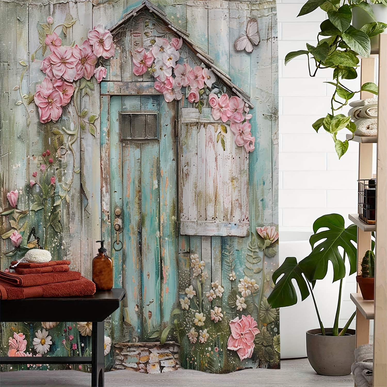 

Vintage Green Plant Floral Print Waterproof Shower Curtain With 12 Hooks, Polyester Woven Fabric, Water-resistant, Machine Washable, Arts Theme Design