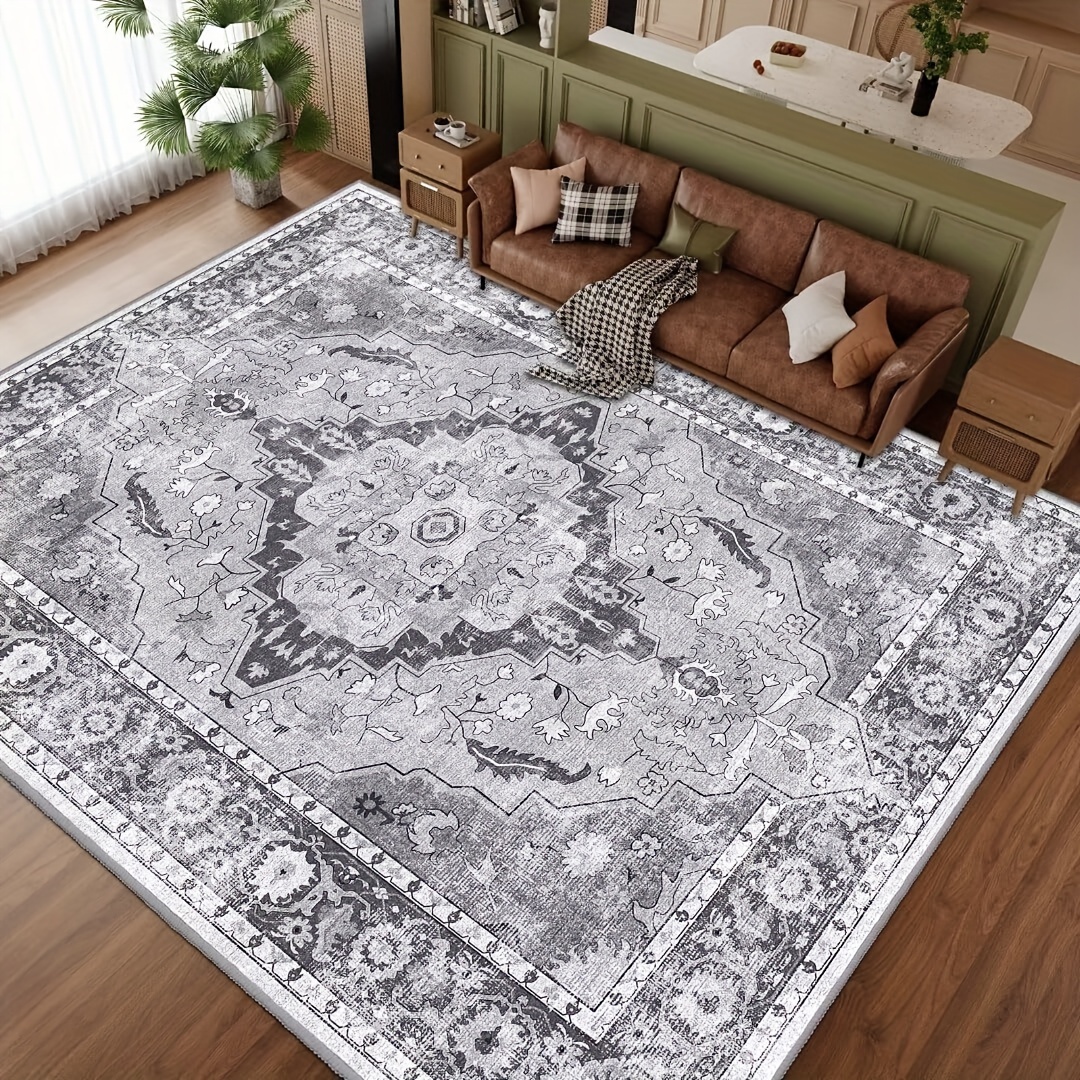 TEMU 1pc Washable Area Rug 8x10 - Stain Resistant Vintage Design Rugs For Living Room, Non-slip Foldable Carpet For Bedroom, Dining Room, Indoor, Office