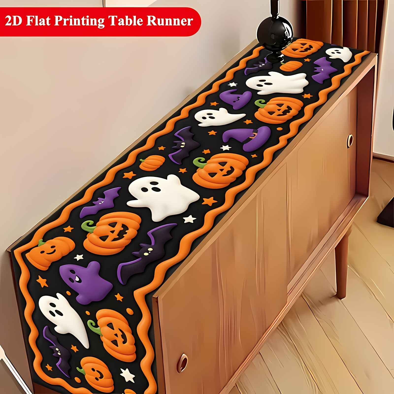 TEMU 1pc Rectangular Halloween Table Runner With Bat Print - Orange, Purple, And Black Fabric, Suitable For Spooky Dining Table Decor, Buffet Table