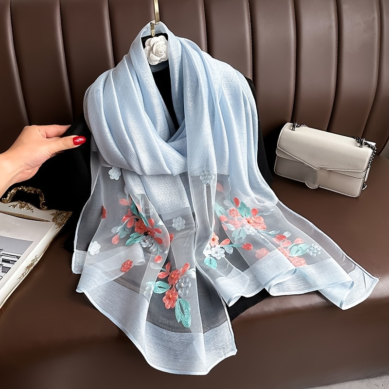 

Chinese Style Embroidered Flower Scarf Thin Breathable Shawl Elegant Casual Sunscreen Wrap