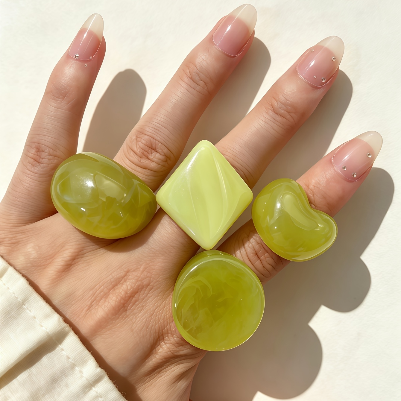 4pc Women's Glossy Green Geometry Resin Ring Set, Trendy Gift