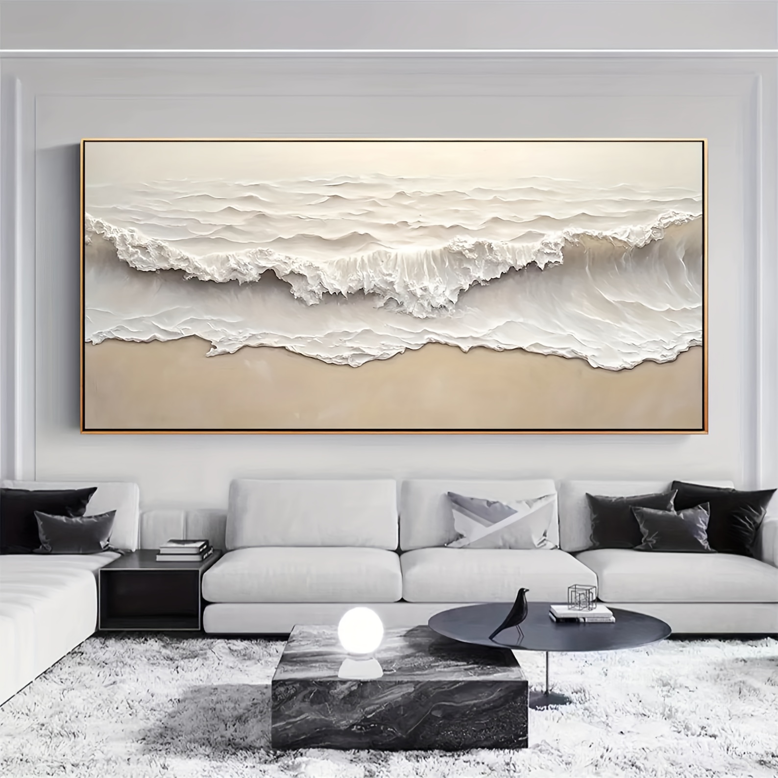 Large Modern Minimalist Abstract Canvas Oil Painting - Hand-Painted Wave Design in Light Gray, White, and Golden, Aluminum Alloy Frame, Perfect for Living Room, Bedroom, Office Wall Decor - Unique Art Gift for Halloween, Christmas, or Home Decor