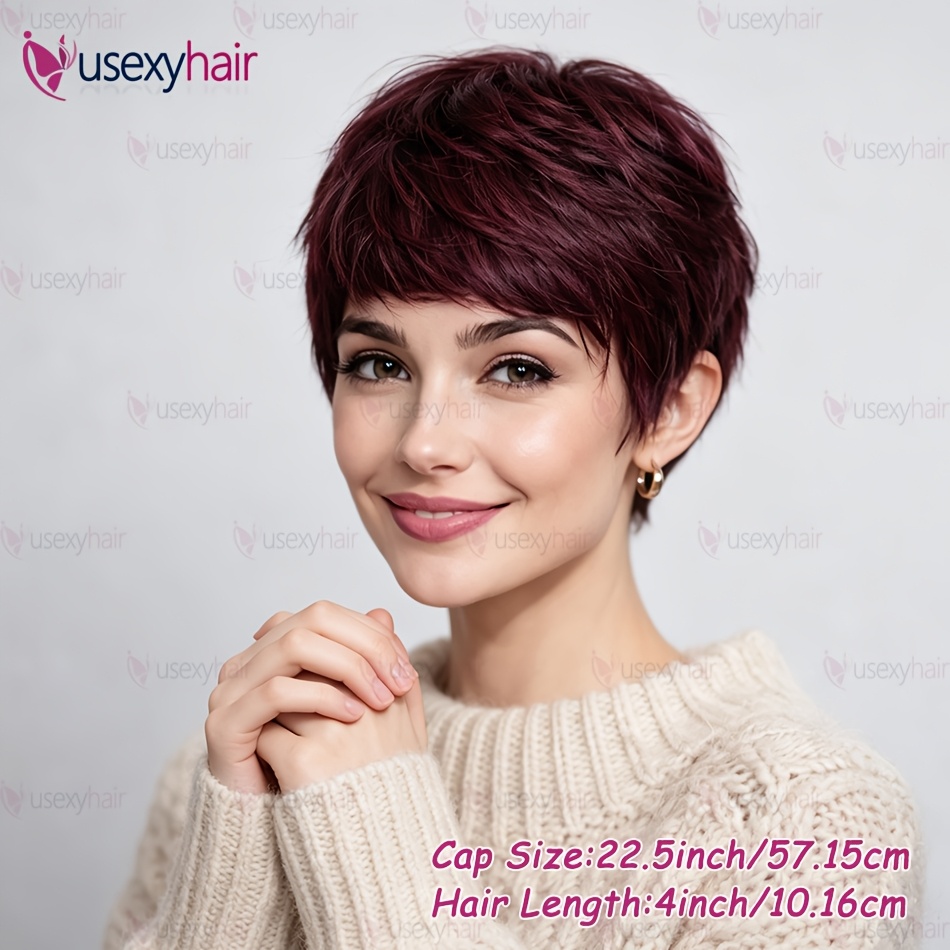 Image of Usexy Women' Burgundy Cut Wig Human Hair Suitable For Tones - 150% Density Short Straight Hairstyle With Elastic, Machine-made Wig For Daily Wear, Parties & Special Occasions, Hair For