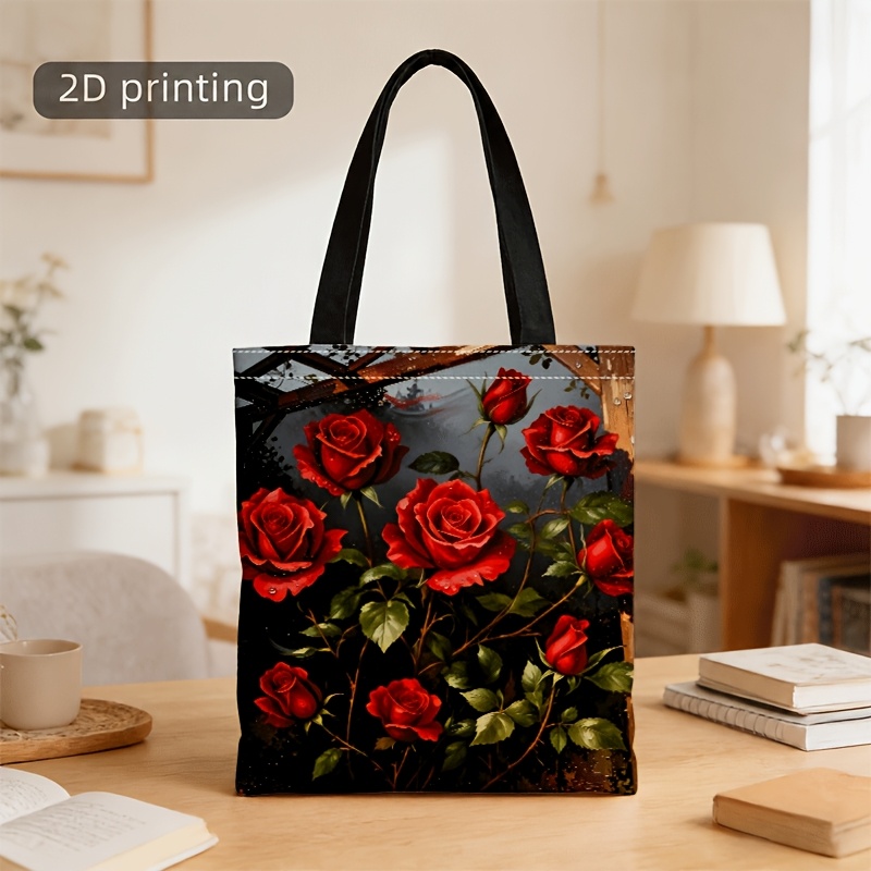 TEMU Men' & Women' Vintage Red Rose Print Crossbody Bag And Handbag - 2-in-1 Tote & Shoulder Purse, Machine Washable Suitable For , Travel, Shopping,
