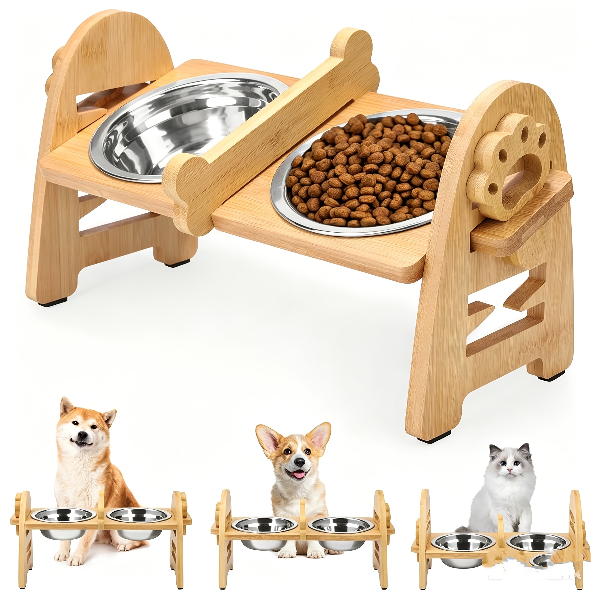 TEMU Adjustable Pet Height Increasing Bowl Rack, Including 2 304 Stainless Steel Bowls, Bamboo Cat And Dog Universal Pet Height Increasing Bowl Rack,
