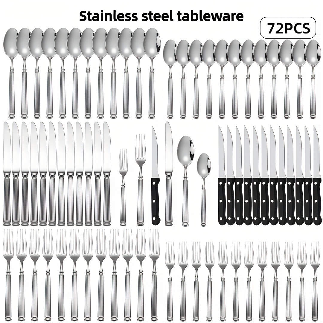 TEMU Ensemble de couverts 72 pièces en acier inoxydable avec manche épais de colonne romaine, comprenant 60/30 pièces d'argenterie , parfait pour ,