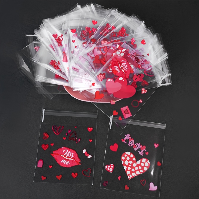 

100pcs Valentine's Day Self-sealing Gift Bags With Heart Print - Parties, Weddings, Engagements & Anniversaries, Plastic, Romantic Celebration