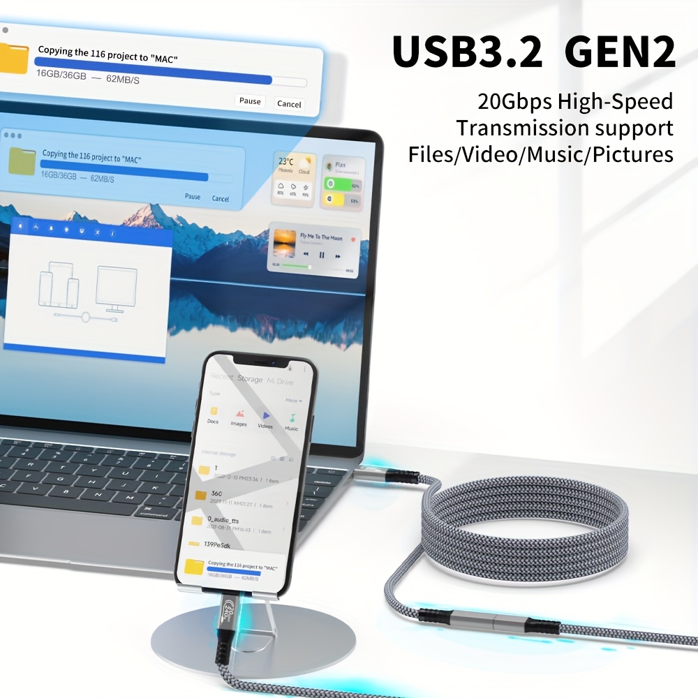1pc/2pcs cabo de extensão usb c 3.2 20 , trançado em nylon durável usbc 3.2 gen2 tipo-c, extensor para fêmea com carregamento 4k 240w e transferência de dados 20 (20 240w, 48v5a Detalhes do produto 1