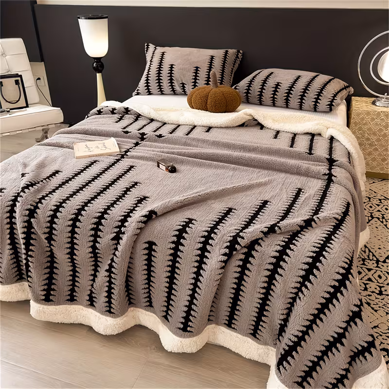 1pc luxury coral fleece blanket soft bedspread throw geometric black white gray beige stripes soft texture suitable for bed sofa or floor machine washable polyester fleece bedding multiple sizes and colors stylish versatile home Product details 1