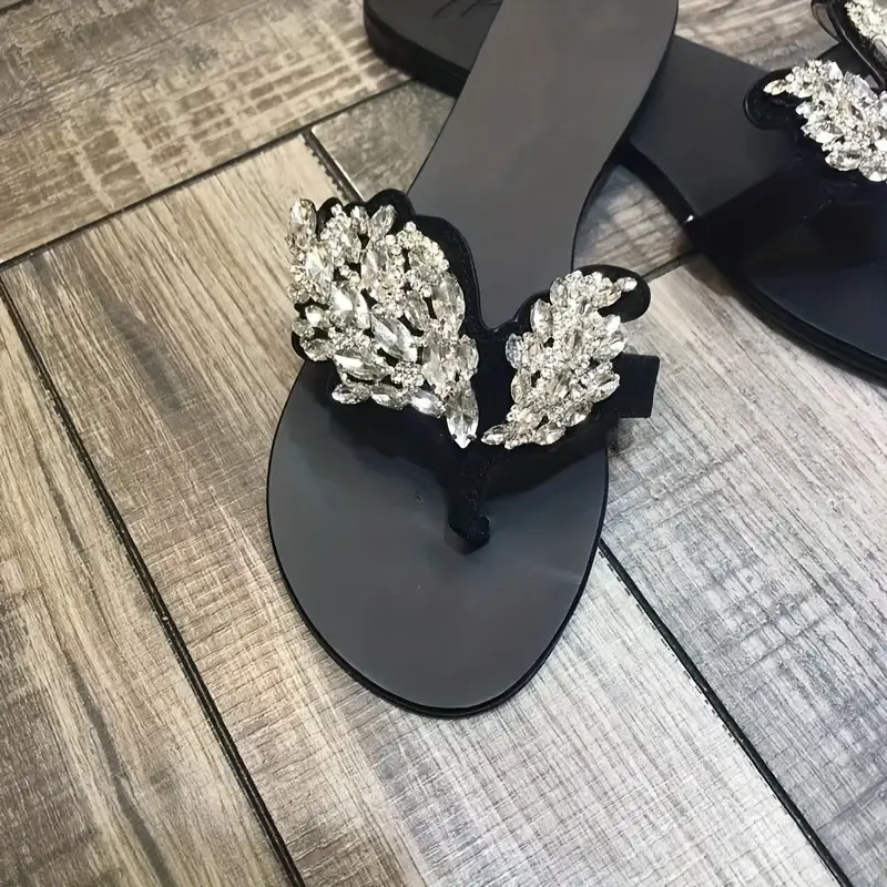 womens fashion rhinestone embellished flat sandals solid color slip on flip flops with fiber and corduroy upper pvc inner and insole open toe casual summer shoes details 0