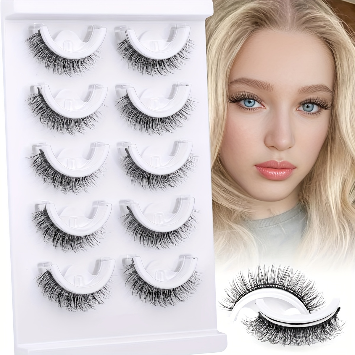 Image of 5 Pairs Natural Self Adhesive Eyelashes Cat Eye Lashes Natural Look Wispy Self Adhesive Lashes Clear Band Reusable 7-11mm Short Pre Lashes No Needed Natural Stick