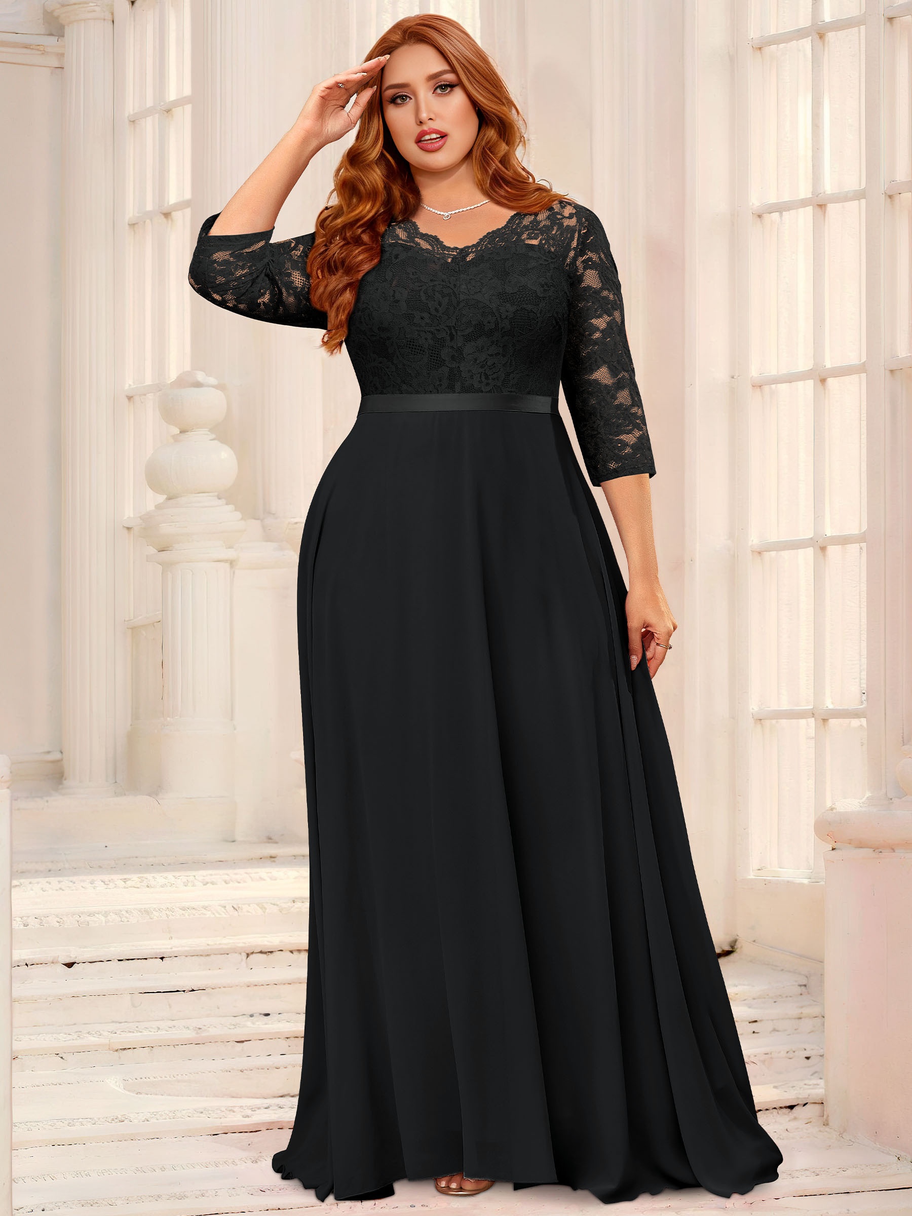 long black plus size bridesmaid dresses Black Lace Chiffon A-Line Long Elegant Dress main image 0