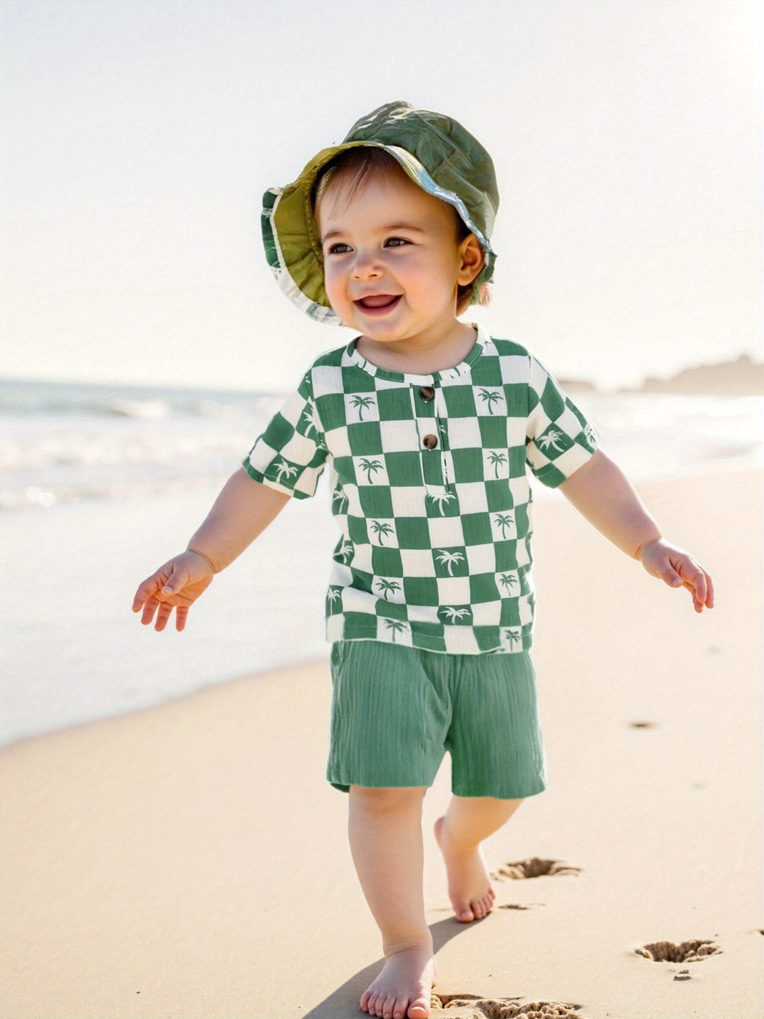 2pcs Toddler Baby Boy Summer Clothes Short Sleeve Palm TreeCheckered Print  Henley Shirt Solid Color Jogger Shorts Set Cotton Be