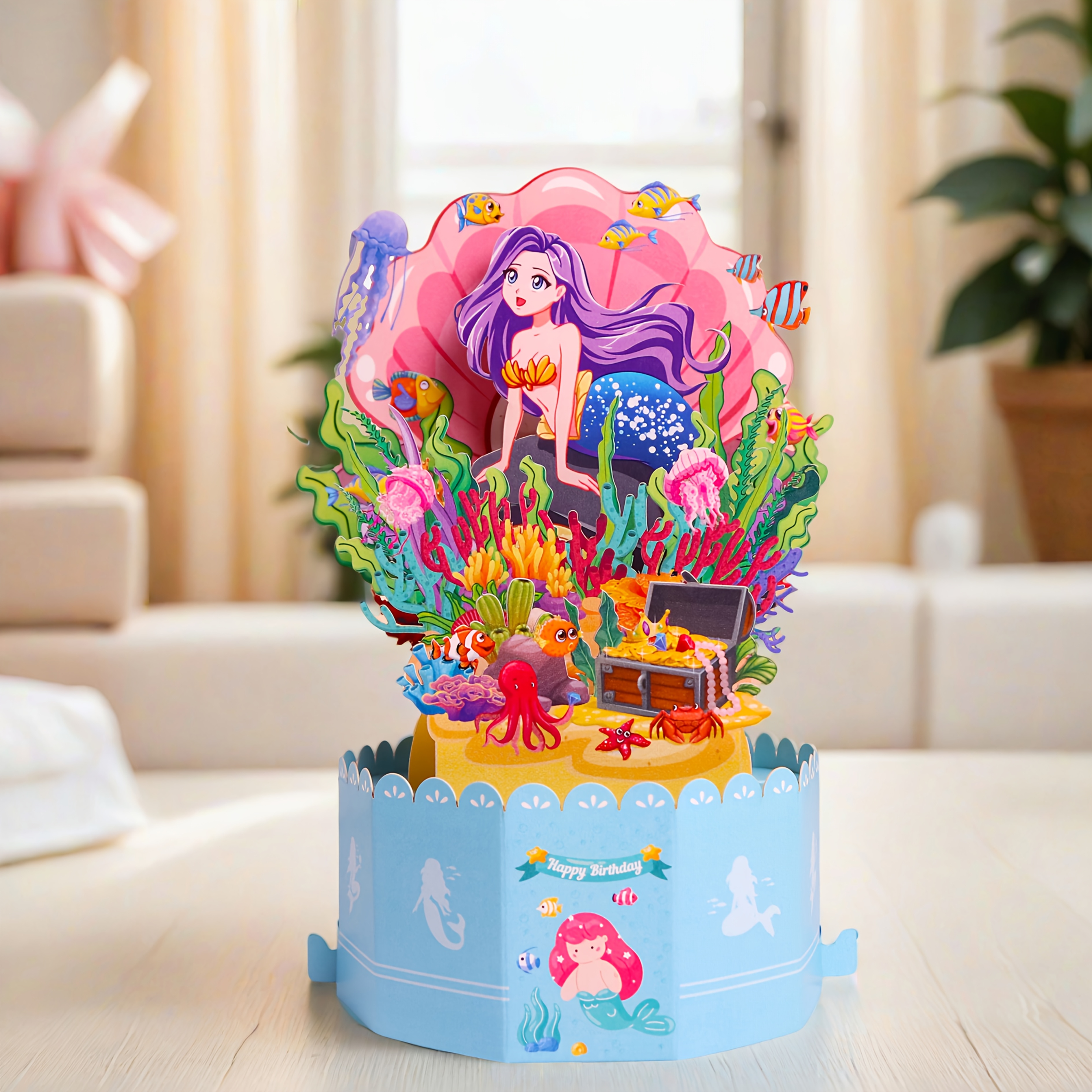 Image of 1pc Mermaid Happy Birthday Pop Up Greeting Card, Birthday Balloon Gift Birthday Party Invitation Card With Card And , Party Supply For Halloween,christmas Event & Party Supplies