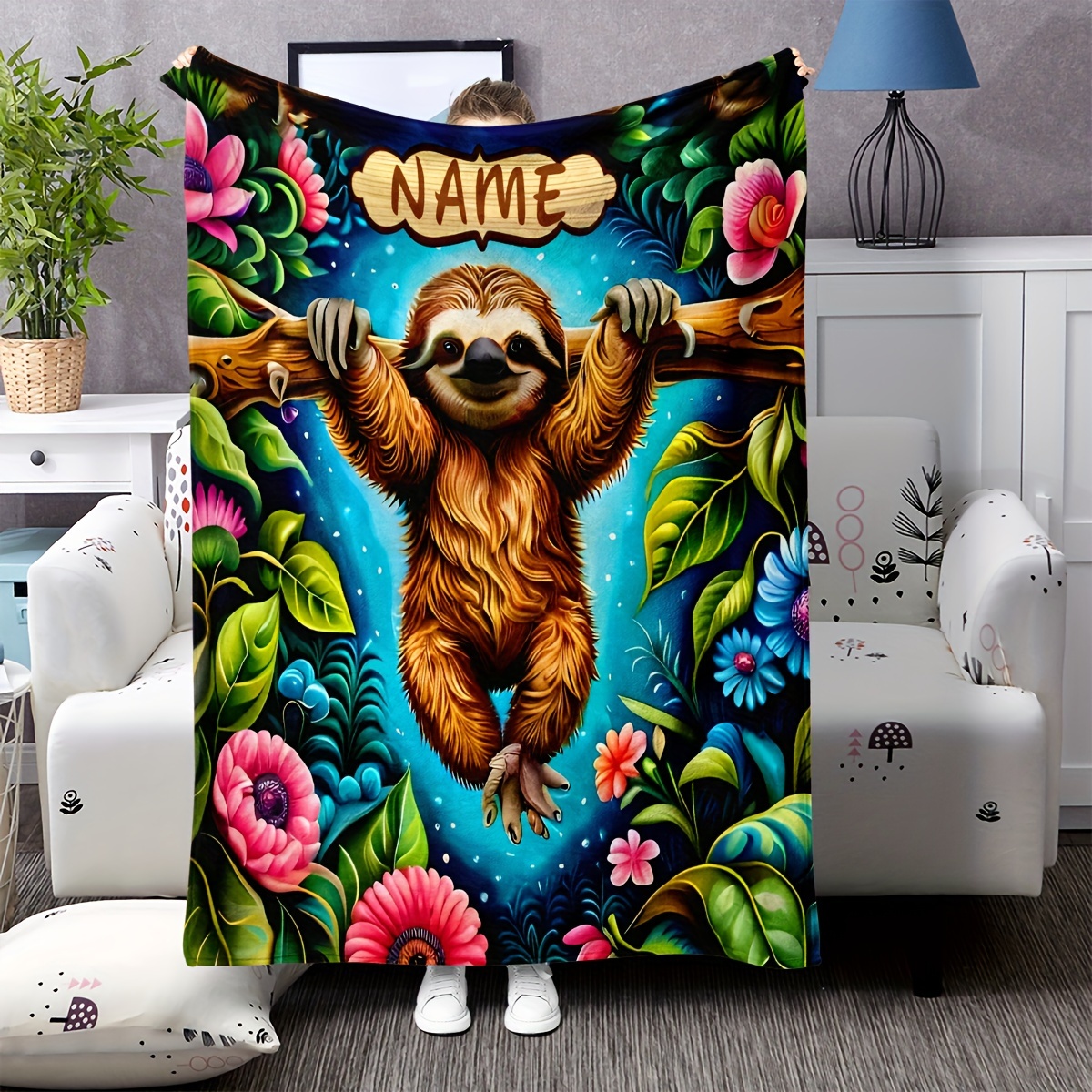 

1pc Personalized Cute Sloth Pattern Name Custom Blanket, Super Soft And Comfortable Foldable Blanket, Suitable For Bedroom, Living Room, Sofa, Office, For Travel, Gift