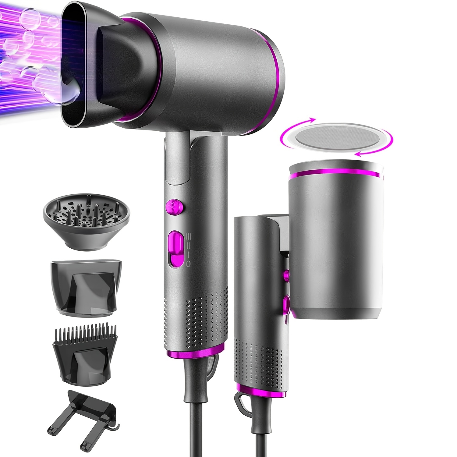 kohteen kuva ammattikäyttöön tarkoitettu 2400w ionisoiva hiustenkuivaaja 300 miljoonalla negatiivisella ionilla | älykäs lämpötilan säätö, nopea kuivaus hurrikaani-tuulilla, kokoontaitettava muotoilu matkustamiseen, hiljainen, sisältää suulakkeen,  , diffuusorin, ripustin |  -merkki, harjaton moottori