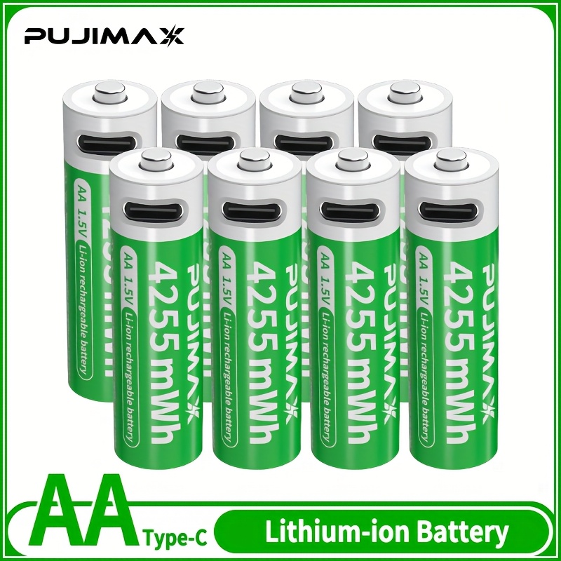Pile au lithium-ion PUJIMAX AA, 4/8/12 pièces 4255 mWh 1,5 V, pile au lithium rechargeable haute capacité à tension constante, compatible avec câble de charge Type-C pour télécommande, clés de voiture, micro sans fil, manette de jeu, lampe torche, brosse à dents électrique, etc.