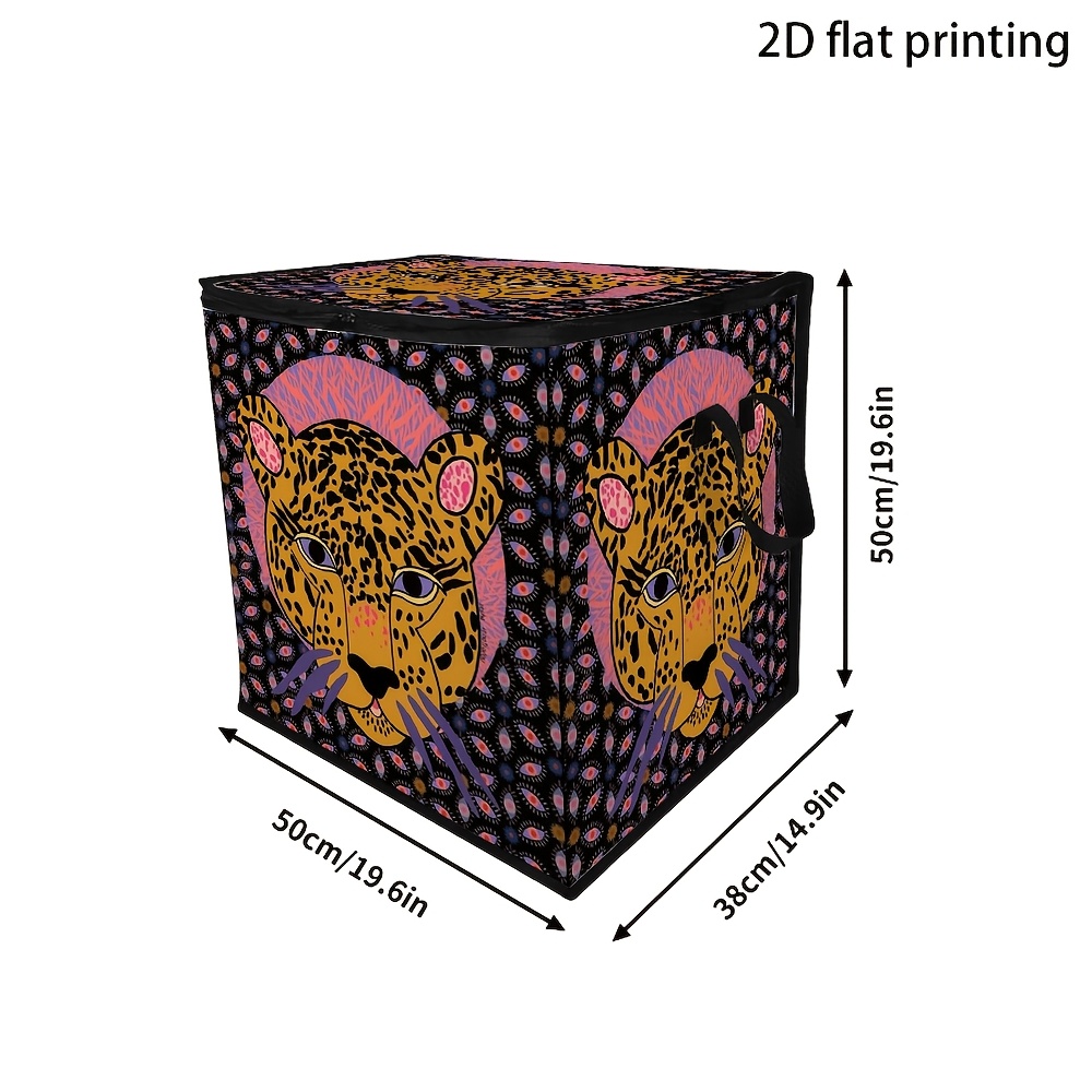 TEMU Style Storage Box With An Abstract Ethnic Pattern Featuring A Leopard Head, Foldable With Handles, Made Of Durable Polyester Fiber, Suitable For