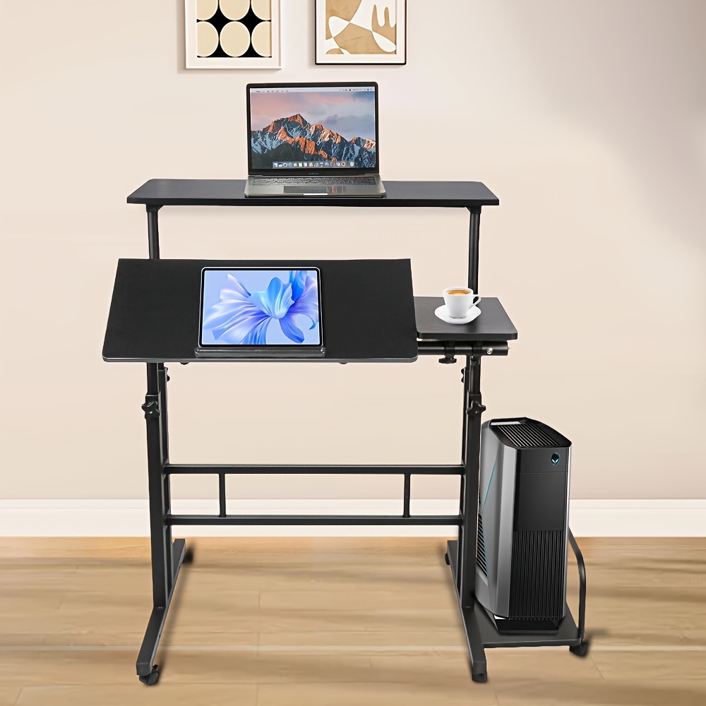 Mobile Standing Desk On Wheels, Height-adjustable With A Tiltable Surface, Measuring 80x60x67-117cm, Suitable For Laptops In For Home And Office Settings, In Black Color