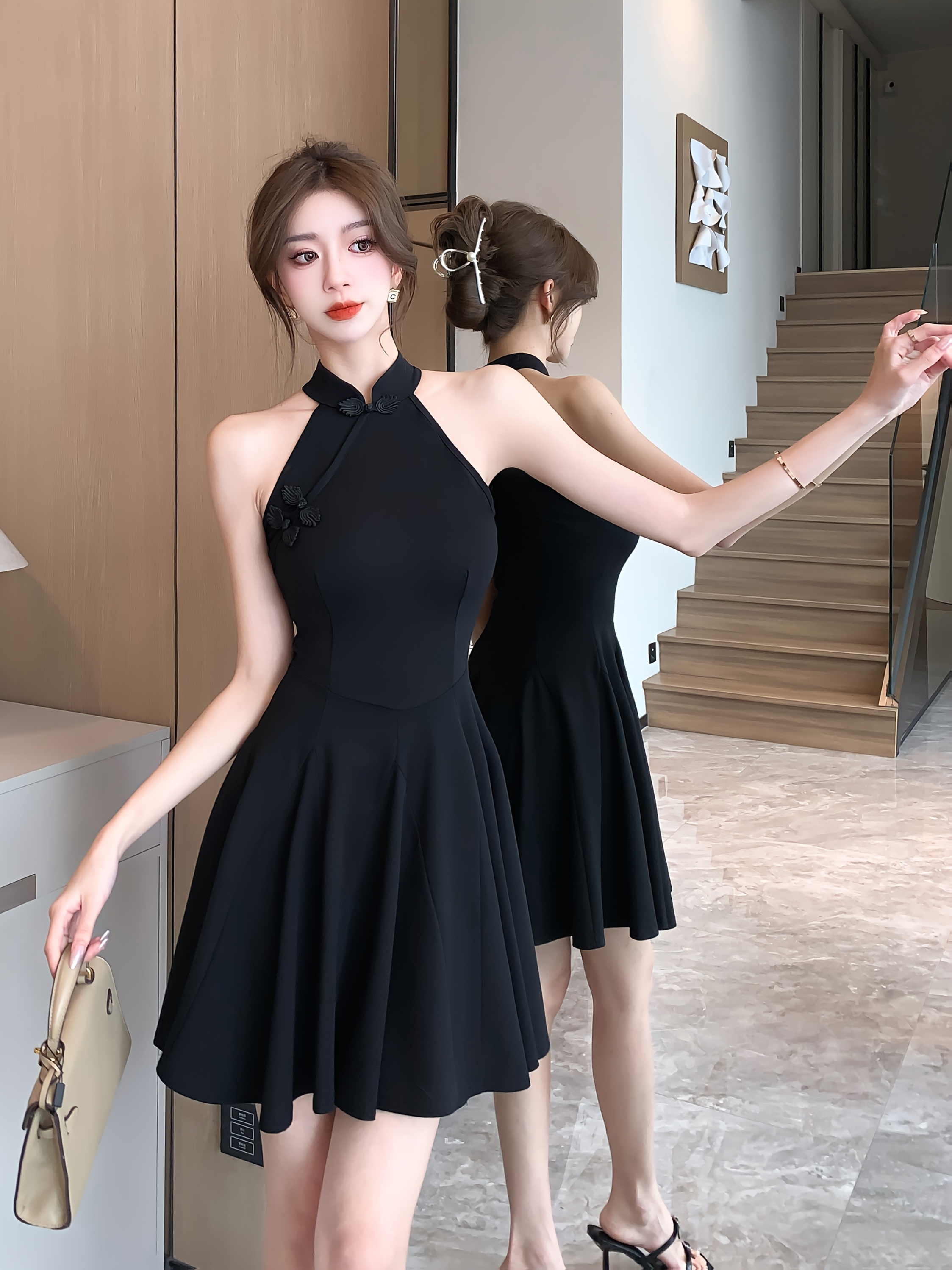 Elegant Black Halter Neck A-Line Dress for Women - Sleeveless, Cinched  Waist, Flowy Maxi Skirt Style * Spring/Summer, Birthday & Evening Attire,  Cute Dres