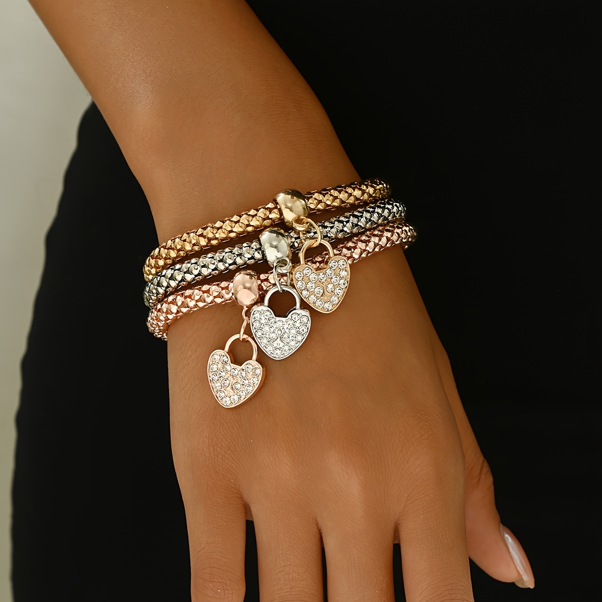 Image of 3pcs Women's Metallic Style Bracelet Set With 3 Heart Pendants, Stretch Corn Chain, Stackable, Autumn/winter Accessory, New Year Gift, Valentine's Day Gift