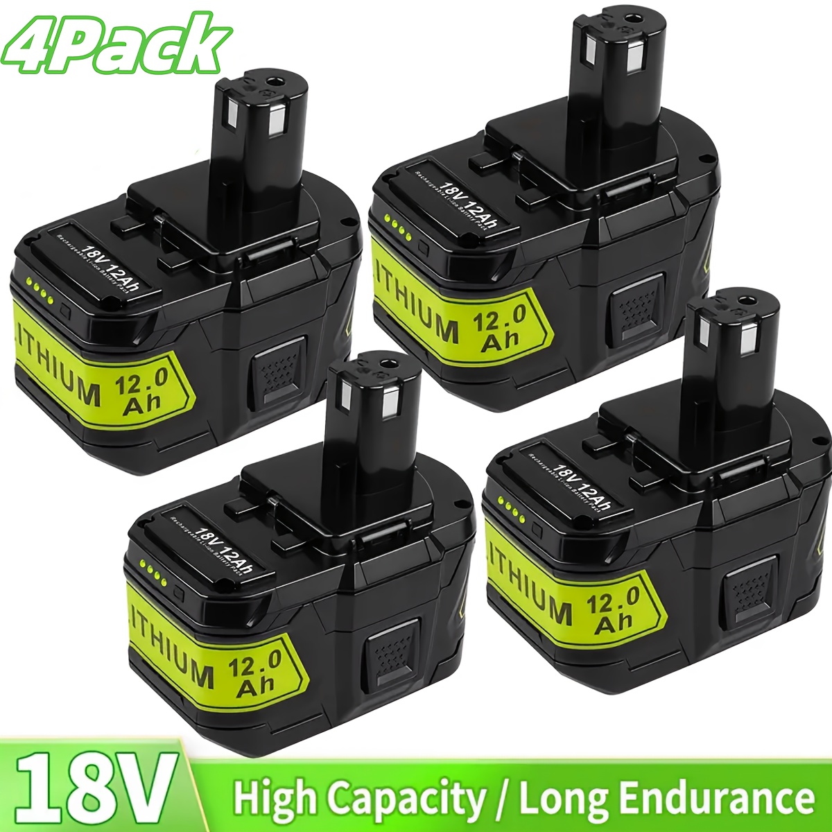 TEMU 4pcs 12.0ah 18v P109 Lithium-ion Replacement For Ryobi 18v Battery P104 P105 P107 P108 P109 Compatible With For Ryobi Batteries Cordless Power
