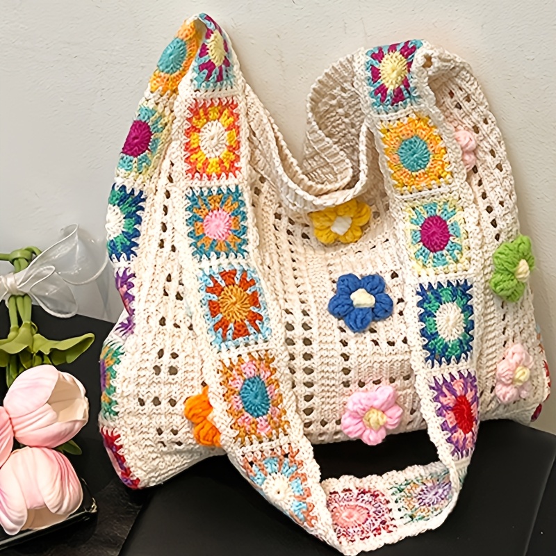 TEMU Perfect Lily Women's Bohemian Woven Tote Bag - Large Capacity Suitable For Travel, Beach & Daily Use, Wide Strap Hollow-out Shoulder Bag With